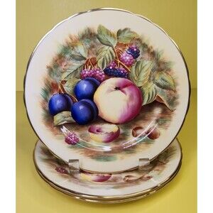 Set Of 3 Aynsley Orchard Gold Fruit Salad Plates 8 3/8" D. Jones Signed "7956"